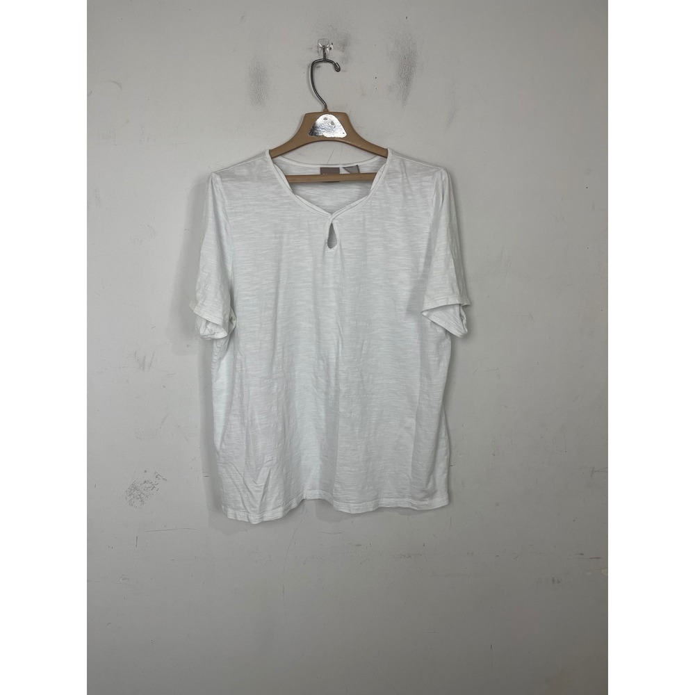 Chico's White Cotton Slub Short Sleeve Keyhole Neck Tee Shirt Size 3 XL